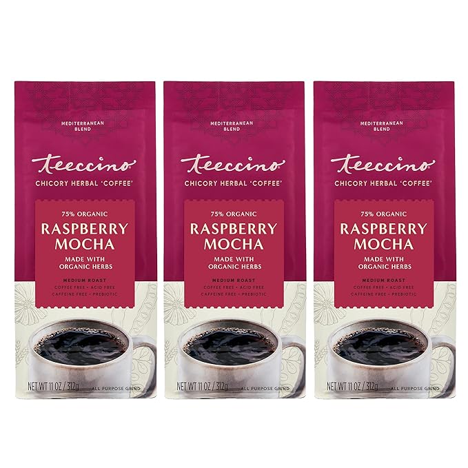 Teeccino Raspberry Mocha Chicory Coffee Alternative - Ground Herbal Coffee That?™s Prebiotic, Caffeine Free & Acid Free, Dark Roast, 11 Ounce (Pack of 3)