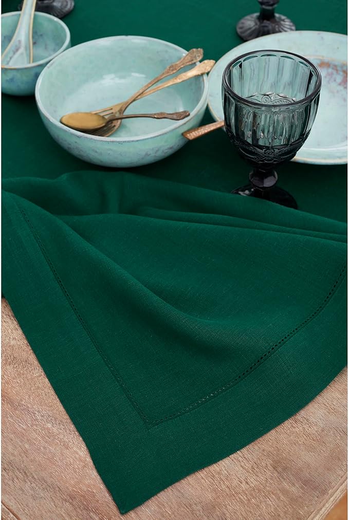 Solino Home Linen Tablecloth for Rectangle Tables 60 x 132 Inch - Classic Hemstitch 100% Pure Linen Rainforest Green Table Cloth - Machine Washable Cloth Tablecloth for Winter, St Patricks Day