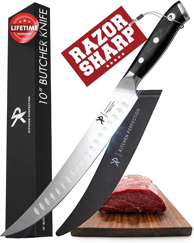 KITCHEN PERFECTION 10??Butcher Knife for Meat Cutting & Trimming-Ultra Sharp Cimeter Breaking Carving Knife with Sheath- Premium German Steel,Full Tang Ergonomic Handle -Perfect Grilling Gifts for Men