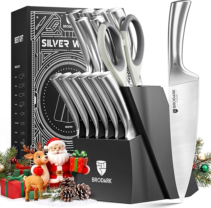 BRODARK Knife Block Set: Kitchen Knives Set with Block and Sharpener, 15 Pcs Ultra Sharp Chef knife, High Carbon Stainless Steel, Ergonomic Handle Non-Slip Grip, Silver Wolf Series with Gift Box