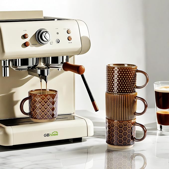 GBhome 6 OZ Stackable Coffee Mugs, Ceramic Coffee Mugs with Texture Patterns for Man,Woman,Dad,Mom, Modern Coffee Cups Set of 4 for Espresso/Cappuccino. Dishwasher&Microwave Safe,