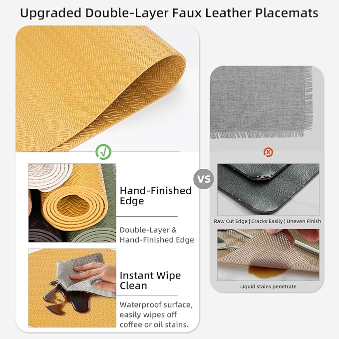 PROMATTOO Round Faux Leather Placemats Set of 4 ??13 Inch Vinyl Table Mats, Heat Resistant, Non Slip, Wipeable & Washable, Easy to Clean Dining Table Decor for Kitchen & Dining Room ??Golden Yellow