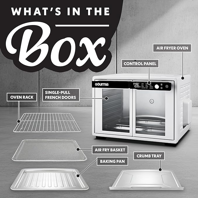 Gourmia French Door Air Fryer Oven - 37 Qt Large Capacity Convection Toaster Oven, FryForce 360°, Digital Display, 12 Cooking Presets, Dehydrate, Fits 13??Pizza, Dishwasher-Safe, White