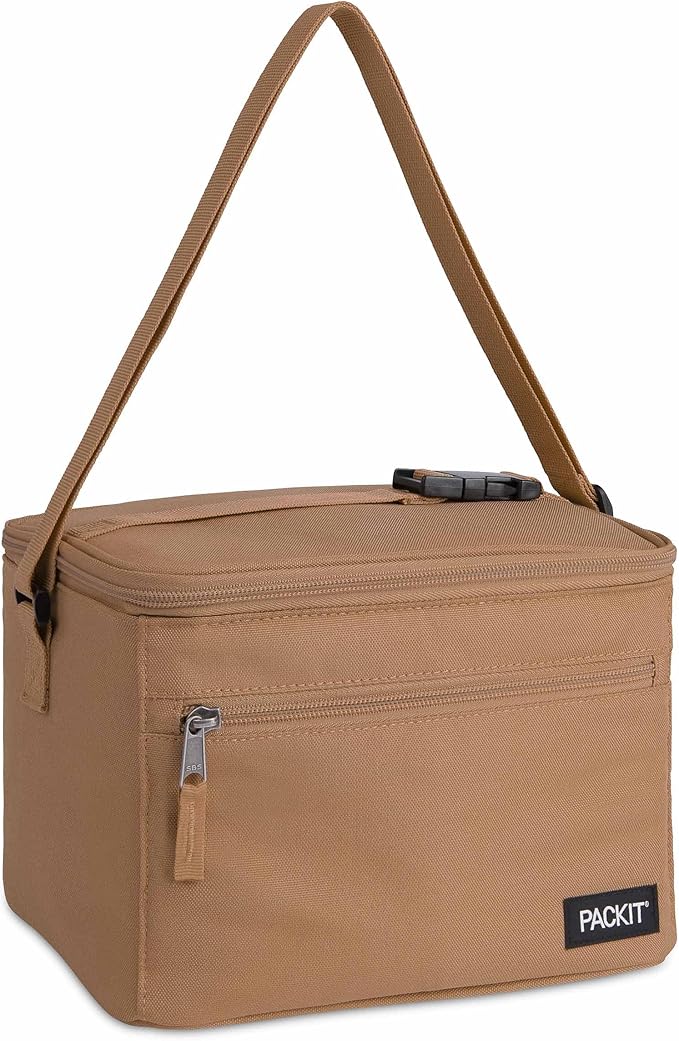 PackIt짰 Freezable Essential Cooler, Almond, Built with ECOFREEZE Technology, Fully Freezable, Collapsible, Reusable, With Removable Crossbody Strap, Top Clip Handle, Designed for Fresh Office