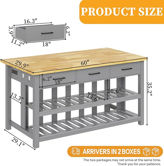 60" Solid Rubberwood Kitchen Island with Power Outlets - Extra Large Work Surface, 3 Drawers & 2 Open Shelves Storage Cabinet for Kitchen Dining Room, Farmhouse Style (Grey)