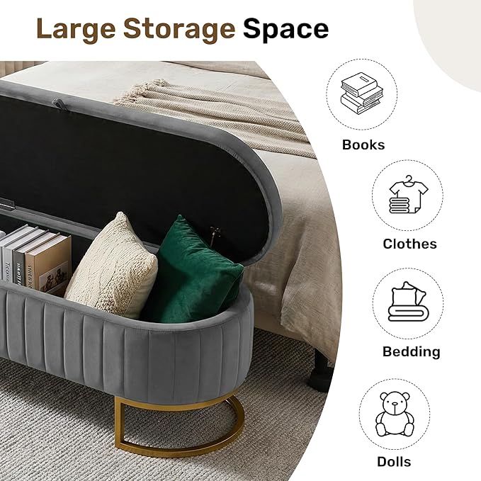 VIROL 65 Inch Storage Ottoman Bench Velvet End of Bed Storage Bench King Size Upholstered Tufted Bench Large Space for Bedroom Living Room Entryway Light Grey