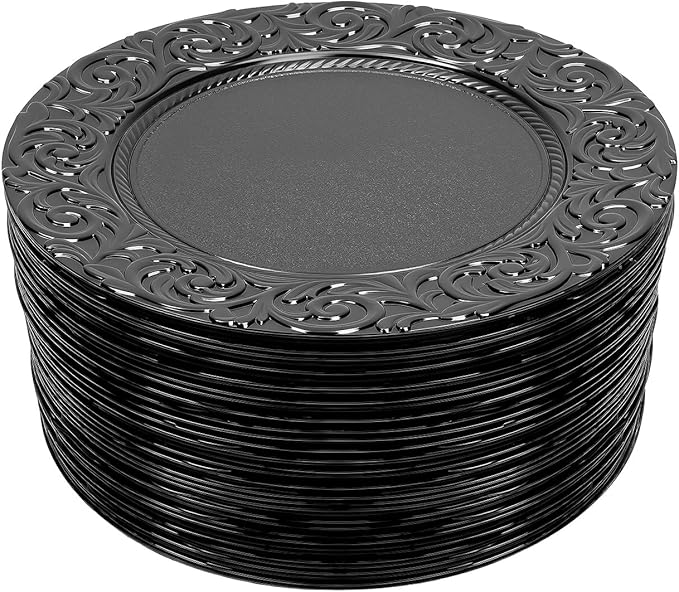 100pcs Black Charger Plates, 13" Round Reusable Decorative Flower Relief Carving Bulk Chargers for Dinner Plates, Wedding, Bridal Shower
