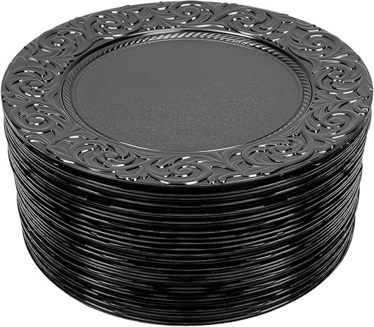 100pcs Black Charger Plates, 13" Round Reusable Decorative Flower Relief Carving Bulk Chargers for Dinner Plates, Wedding, Bridal Shower