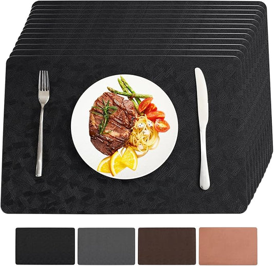 Bxzandya Vinyl Placemats Set of 12 Heat Resistant Easy Clean Non-Slip Place Mats for Dining Table Faux Leather Waterproof Stain Resistant Wipeable Washable PVC Table Mats(12, Black)