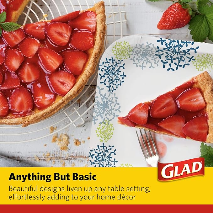 Glad Square Disposable Paper Plates, Blue Hydrangea Pattern - Strong, Sturdy, Soak Proof, and Microwavable Decorative Plates for Dinner and Everyday Use, 7 Inch, 50 Count