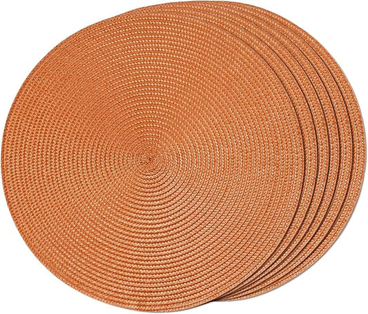 FunWheat Round Braided Placemats Set of 6 Table Mats for Dining Tables Woven Washable Non-Slip Place mats 15 Inch(Pumpkin Orange)