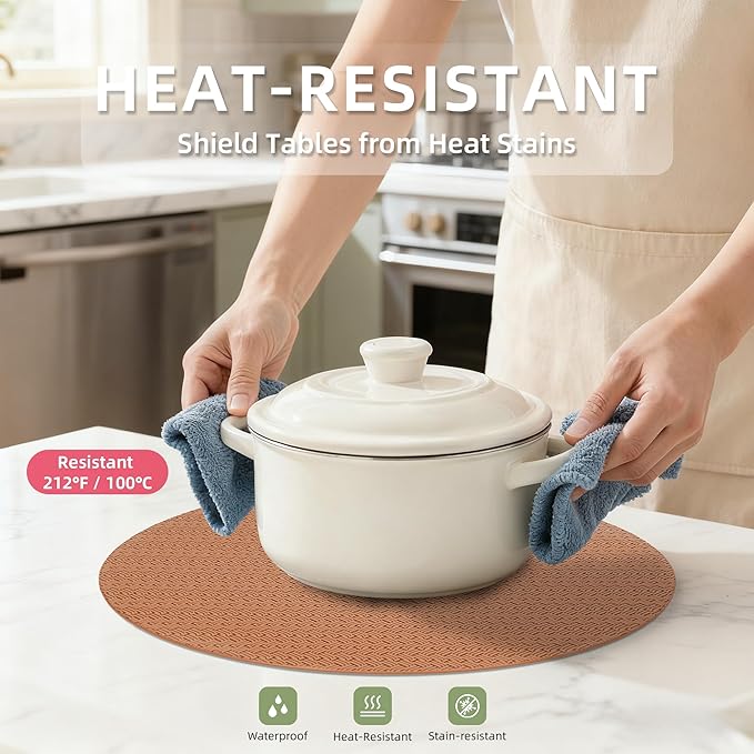 PROMATTOO Round Faux Leather Placemats Set of 4 ??13 Inch Vinyl Table Mats, Heat Resistant, Non Slip, Wipeable & Washable, Easy to Clean Dining Table Decor for Kitchen & Dining Room ??Cinnamon Brown