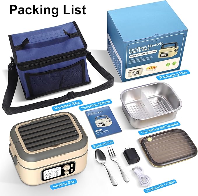 EDCREATY Cordless Electric Heated Lunch Box, 1.5L 6.3Cups 24000mAh Rechargeable Battery Self-Heating Lunch Box, Smart Timer, Even Heating, 100W Portable Food Warmer for Office, Picnic, Car, Outdoor