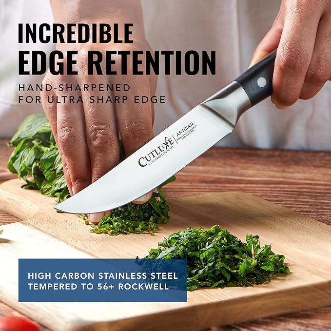 Cutluxe Steak Knives Set of 4, Straight Edge Steak Knife Set ??Forged High Carbon German Steel, Full Tang, Ergonomic Handle Design ??Artisan Series