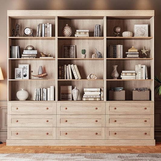 71" Tall Farmhouse Bookshelves, Large Bookcase with Adjustable Shelves, 3 Drawers Wooden Storage Cabinet for Living Room, Kitchen, Home Office, Dining Room, Brown 3 PCS