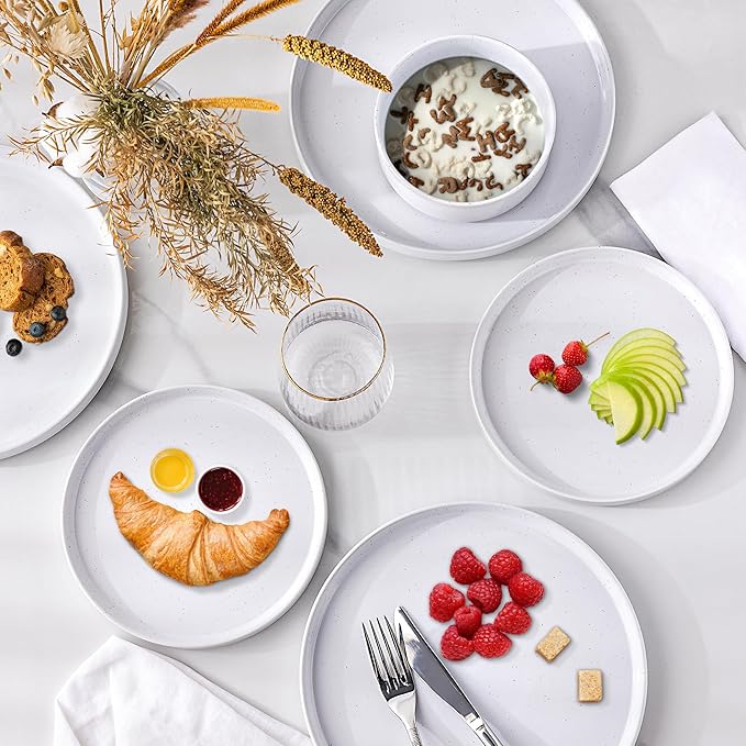 GBHOME Dinnerware Set for 6, 18 Piece Speckled Plates and Bowls Set with Glazed Bottom, Chip & Scratch Resistant Stoneware Plates Sets, Dishwasher & Microwave Safe Dishes, White
