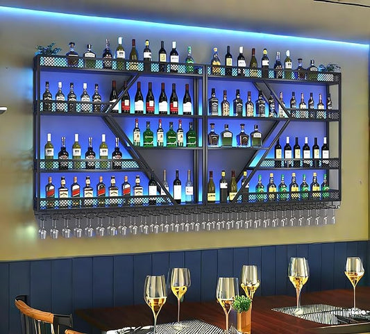 118 Inch 4 Tier Metal Wine Rack Wall Mounted, Modern Bar Shelves Wall Mounted Wine Rack with LED Light, Liquor Shelf Wall Mounted, Bar Shelves for Liquor Bottles (Black with Blue led, 118-4 Tier)