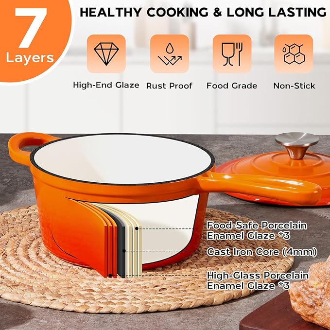 Onader 2 Quart Saucepan with Lid, Enameled Cast Iron Sauce Pan, Small Cooking Sauce Pot, Enamel Dutch Oven Pot Nonstick ??Sunset Orange