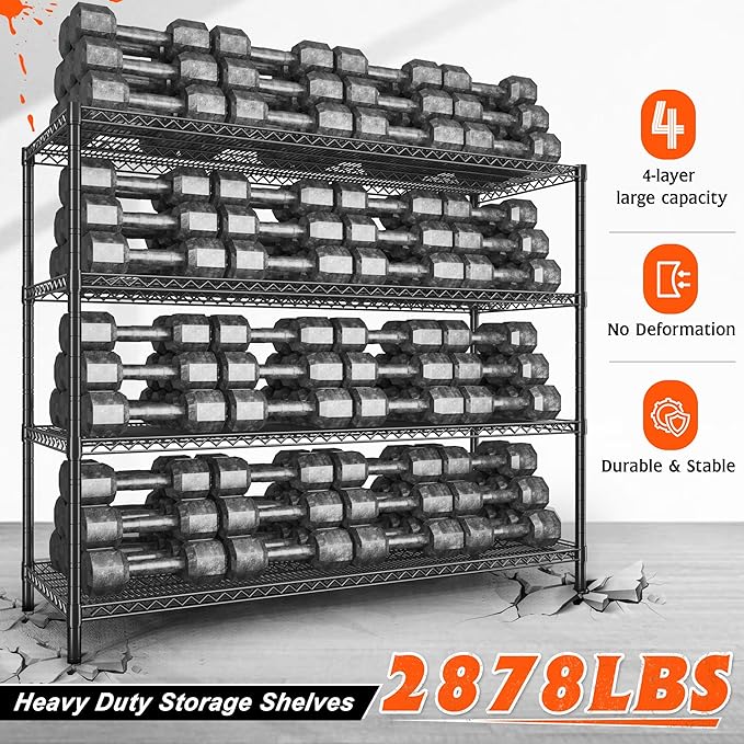 REIBII 60" W 횞24" D횞65.3" H, 4 Tier Wire Shelving 2878LBS Heavy Duty Steel Storage Rack Shelving Adjustable Shelves for Warehouses, Garages, Kitchens, and Commercial Spaces/Premium Wheels 2 Pack