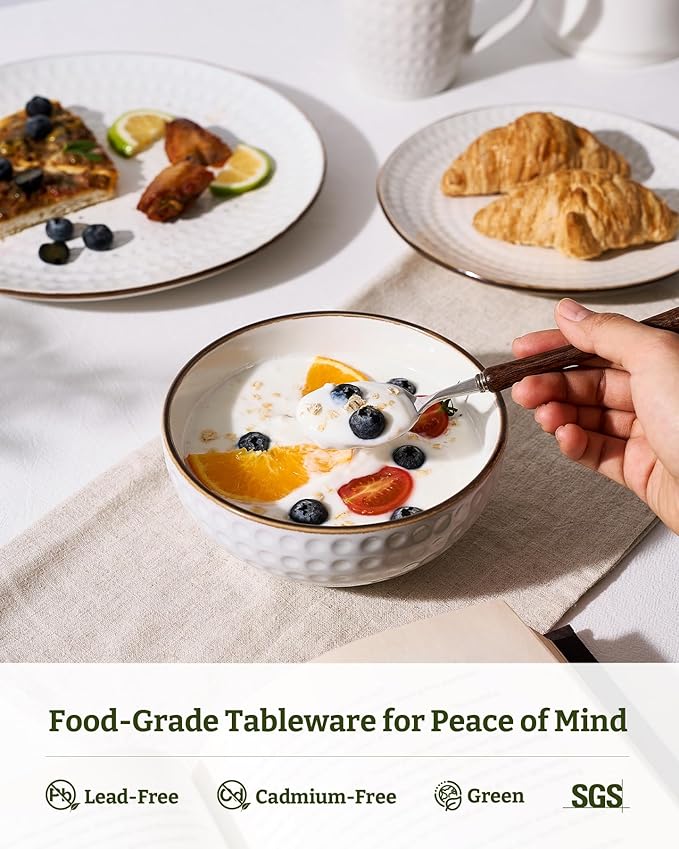 Famiware Eden Plates and Bowls Sets, Stoneware Dinnerware Sets with Gold Trim, 12 Pieces Dishes Set for 4 - Chip and Scratch Resistant, Microwave and Dishwasher Safe, White Circle