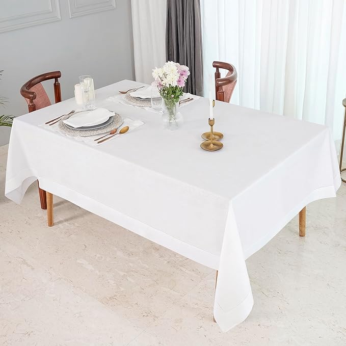D'Moksha Homes White Linen Tablecloth for Rectangle Tables 60 x 90 Inch - 100% Pure Linen White Table Cloth - Classic Hemstitch, Machine Washable Tablecloth for Valentines, Spring, Easter