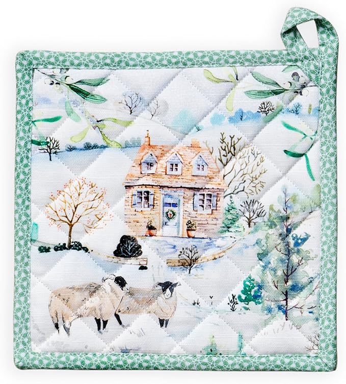 Maison d' Hermine Pot Holders 100% Cotton Heat Resistant Potholders 8" x 8" Hot Pads with Loop for Thanksgiving Christmas Decorations BBQ Cooking Baking Handling Hot Pans (Pack of 1, Snowy World)