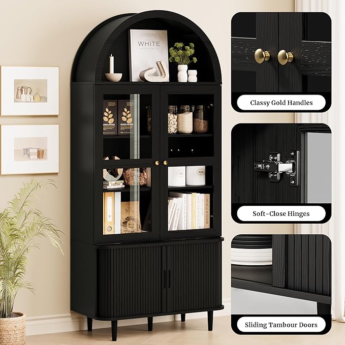 DHH 71" Tall Arched Kitchen Pantry, Modern Farmhouse Wood Kitchens Storage Cabinets with Sliding Doors竊?Adjustable Shelves, Versatile Cupboard for Kitchen, Living Dining Room, Bathroom (Black)