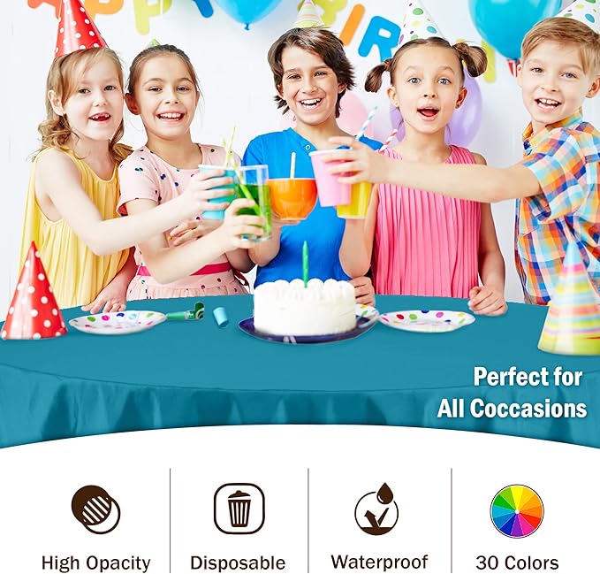 Party Solids 6-Pack Premium Plastic Tablecloth 84in. Round Plastic Table Cover - Turquoise