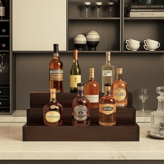 Royxen 24 Inch Solid Wood Liquor Bottle Shelf 3 Tier Bar Shelf Freestanding Vintage Liquor Bar Stand for Home Bar Decor, Natural Wood