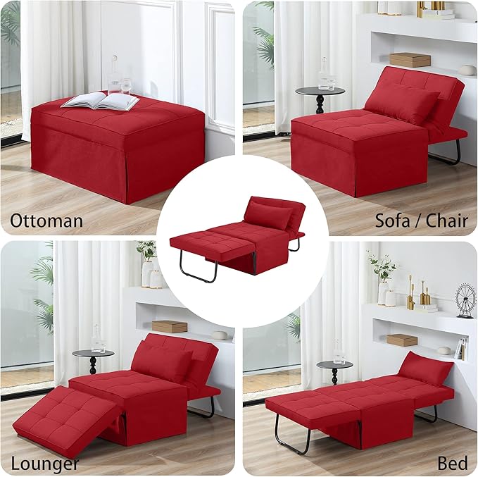 BIGSYY Sofa Bed, 4 in 1 Multi-Function Folding Ottoman Breathable Linen Couch Bed with Adjustable Backrest Modern Convertible Chair for Living Room Apartment Office, Red