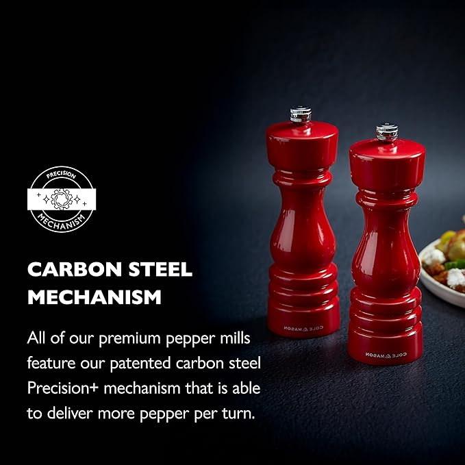 Cole & Mason London Refillable Spice Mill - Kitchen & Home Accessory - Table Black Pepper Grinder - Pepper Mill with Carbon Steel Mechanism - 7", Red Gloss