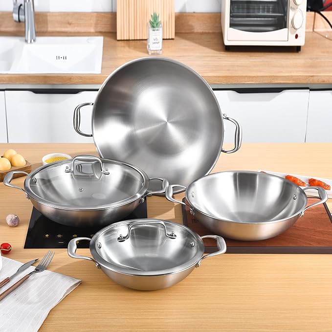 LOLYKITCH 14.5 Inch Tri-Ply Stainless Steel Chef's Wok Pan,Deep Stir-Fry Pan,Jumbo Cooker,Induction Cooking Pot,Dishwasher and Oven Safe