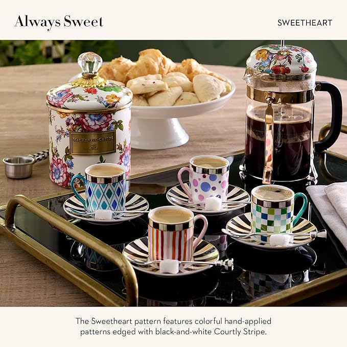 MACKENZIE-CHILDS Sweetheart Espresso Cup and Saucer Set, Cute Porcelain Espresso Cups and Saucers for Coffee, Set of 4