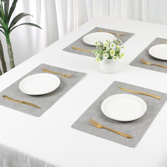 DRMHM Set of 6 Faux Leather Flower Placemats for Kitchen Dining Table Decor, Washable Table Placemats Wipeable Table Mat 18 * 12in Gray