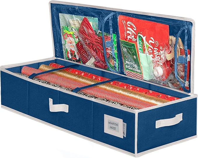HOLDN??STORAGE Premium Wrapping Paper Storage Container - Durable 600D Tear-Proof, Fits 27 Rolls Gift Wrap, Extra Pockets for Ribbons & Bows, Underbed Storage - Ideal for Holiday Christmas, Blue