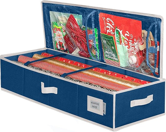 HOLDN??STORAGE Premium Wrapping Paper Storage Container - Durable 600D Tear-Proof, Fits 27 Rolls Gift Wrap, Extra Pockets for Ribbons & Bows, Underbed Storage - Ideal for Holiday Christmas, Blue