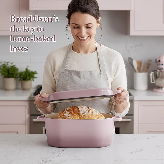Dutch Oven for Bread Baking, 6 QT Bread Dutch Oven for Sourdough, Enamelled Cast Iron Bread Oven with Lids, Heavy-Duty Non Stick Sourdough Loaf Pan, Meatloaf Pan, Pink
