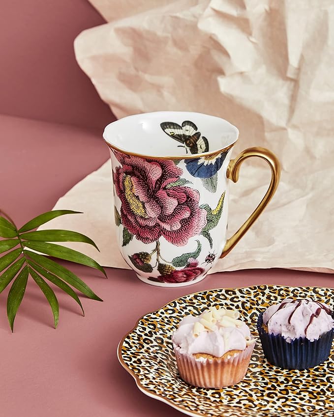 Spode Creatures of Curiosity 12oz Fine China Mug, White Floral Pattern - Porcelain Tea & Coffee Cup with 22ct Gold Handle and Rim - Elegant Vintage Inspired Drinkware, Boxed for Gifting