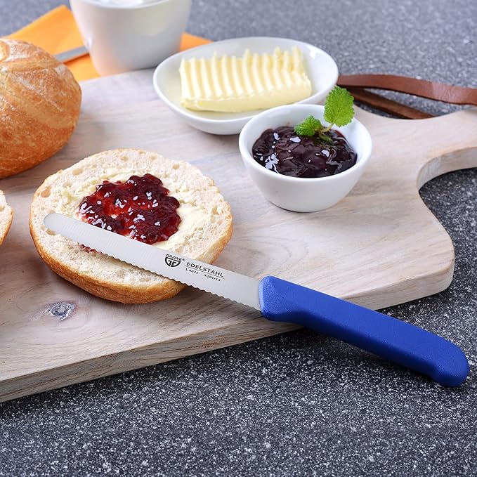 GR횆WE table knife 6 pieces, set for cutting, pack of 6 bread knives, for breakfast with serrated edge on one side, length 8.3 inch - handle color blue
