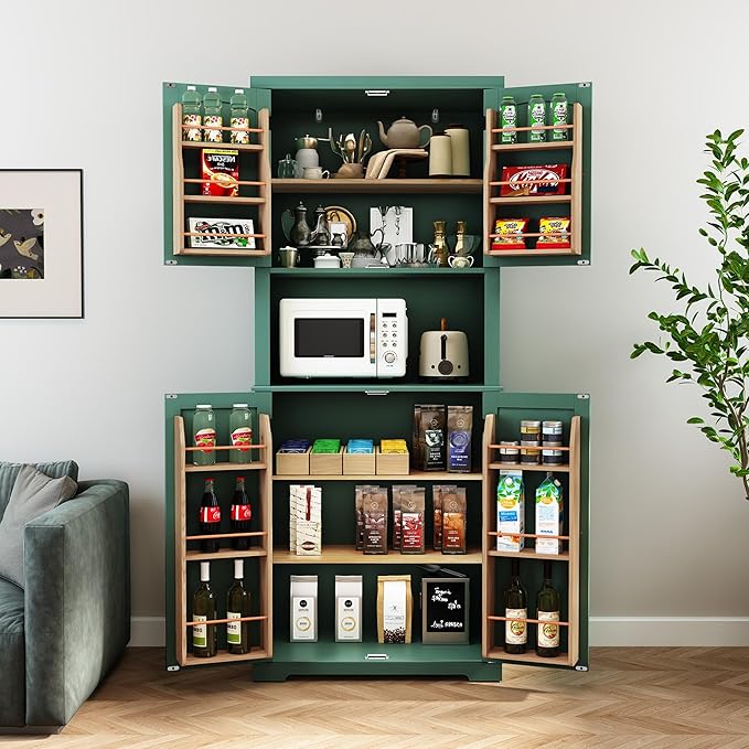 HLR 72" Kitchen Pantry Storage Cabinet, Freestanding Larder Cupboard, Kitchen Hutch Cabinet with Microwave Stand,Utility Pantry with Doors and Shelves for Dining Room, Living Room