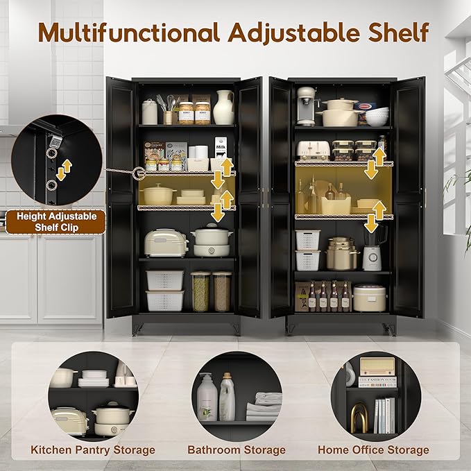 75" Kitchen Pantry Cabinet, Tall Storage Cabinet with Doors and 4 Shelves, Metal Storage Cabinets for Kitchens, Living Room, Dinning Room, Assembly Required, Black