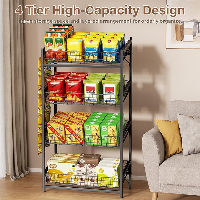 VOPEAK 4 Tier Retail Snack Display Stand, Metal Retail Display Rack with 2 Hooks, Potato Storage Rack, Concession Stand Candy Organizer, Easy Assembly Fruit Basket, Snack Organizer for Pantry, Office