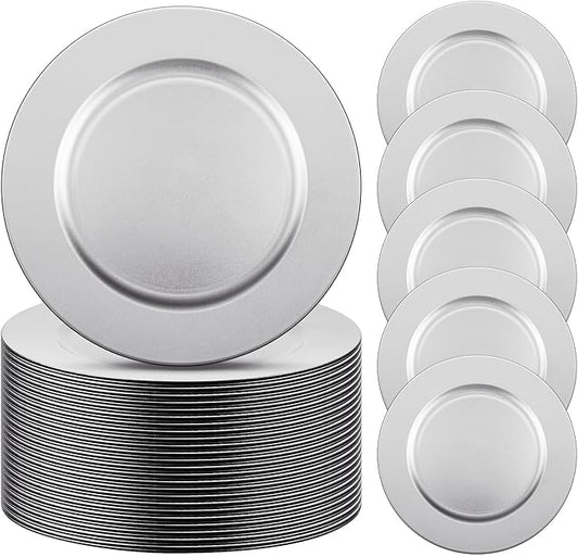Tanlade 50 Pcs 13 Inch Charger Plates Bulk Round Wedding Chargers Plastic Dinner Plates for Table Setting Wedding Party Decoration (Silver White)