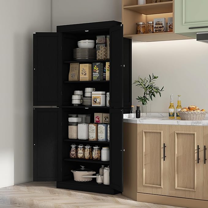 HOMCOM 72.5" Tall Kitchen Pantry Cabinet, Freestanding Modern Farmhouse Kitchen Storage Cabinet with 4 Doors and 2 Adjustable Shelves for Dining Room, Black Wood Grain