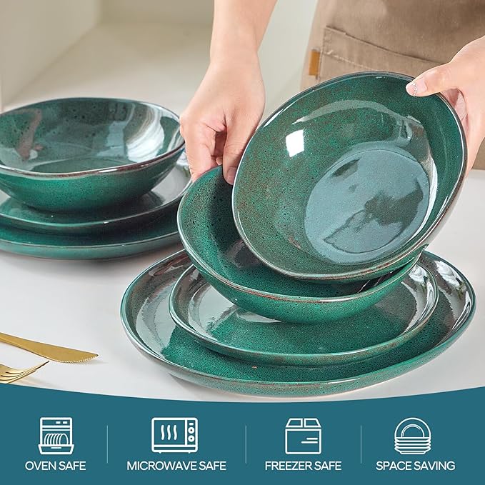 Bestone 12 Pieces Round Kitchen Dinnerware Sets竊똏lates and Bowls Sets,Dishes, Plates, Bowls, Dish Set, Chip Resistant Ceramic Dinnerware Set, Dishwasher/Microwave Safe,Service for 4,Ceylon Green