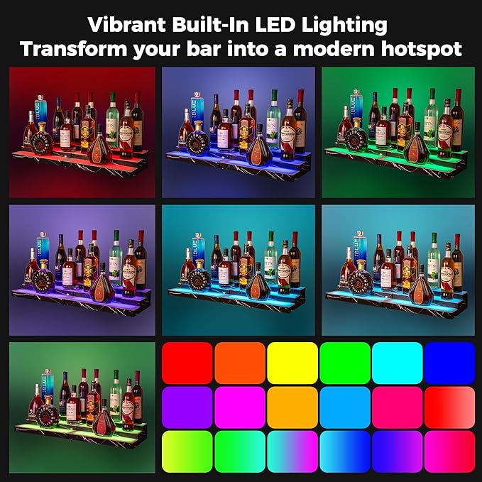 Lighted Liquor Bottle Display Shelf 2-Pack, RGB 3-Tier Bar Shelf with Music Sync, Black Marble-Look Finish on Wood, Remote & App Control, USB Powered for Home Bar & Party