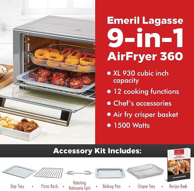Emeril Lagasse Everyday 360 Stainless Steel Air Fryer, 360째 Quick Cook Technology, XL capacity, 9-in-1, 12 Pre-Set Cooking Functions including Bake, Rotisserie, Broil, Pizza, Slow Cook, Toaster
