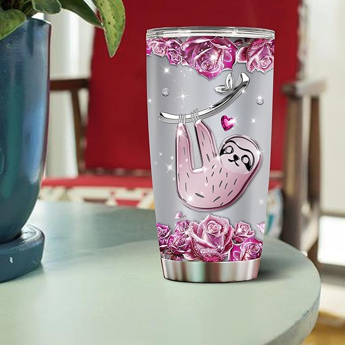 WONWIX Personalized Sloth Themed Insulated Stainless Steel Tumbler, Ideal Sloths Gifts for Women Girls Wife Daughter, 20oz Coffee Cup Mug Water Bottle, Christmas, Birthday, Mother's Day, Valentine