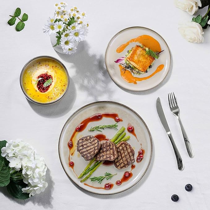 Herogo Stoneware Plates and Bowls Sets for 8, 24 Pieces Modern Round Dinnerware, Reactive Glaze Dishes Set for Kitchen, Chip Resistant, Microwave & Dishwasher Safe, Cream Khaki