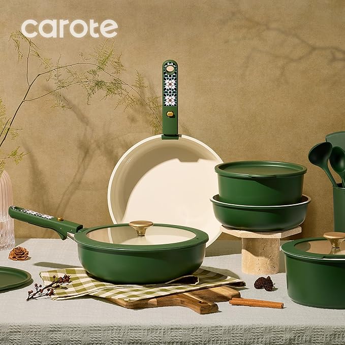 CAROTE 21Pcs Ceramic Cookware Set, Pots and Pans Set Non stick, Non Toxic Cookware Detachable Handle, Kitchen Cooking Set - Induction Cookware, Dishwasher/Oven Safe, PFAS Free, Green